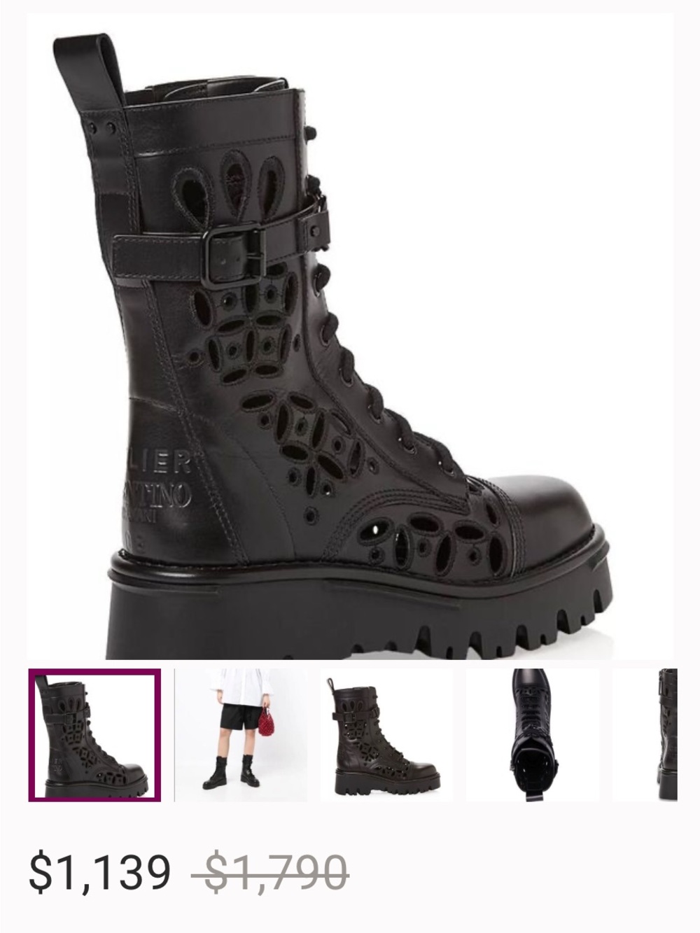 Valentino Garavani Black Leather Cutout Lace-Up Combat Boots
